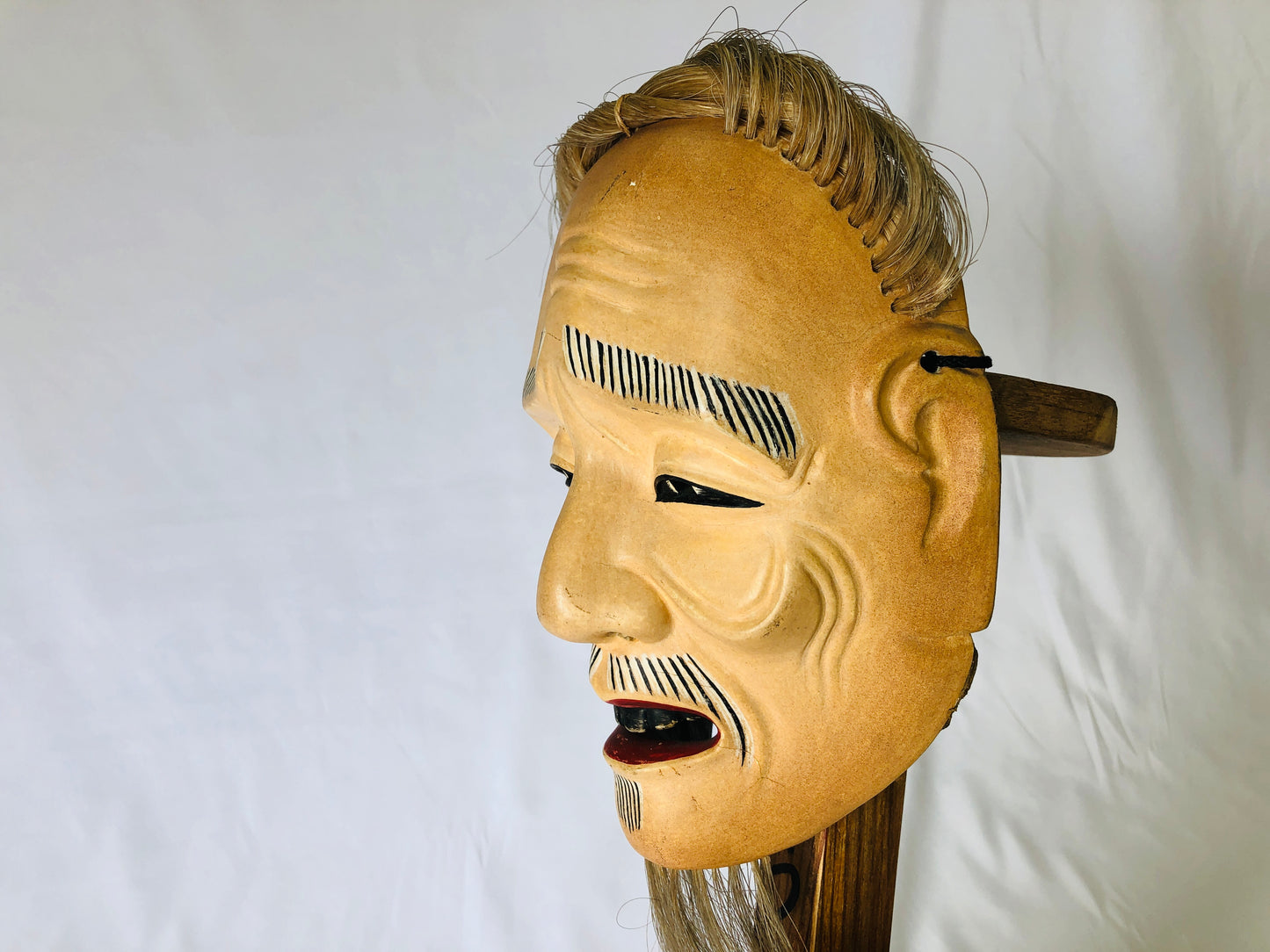 Y4915 NOH MASK wood carving Shiwajo Japan antique omen dance drama vintage