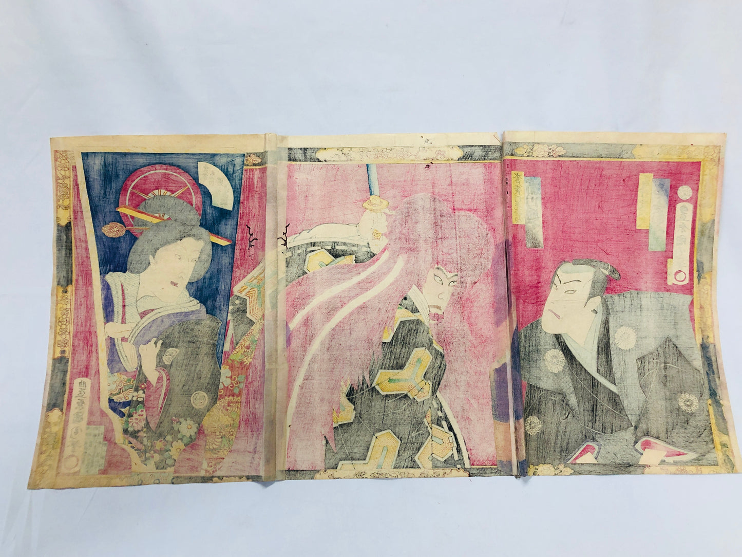 Y5055 WOODBLOCK PRINT Kunichika triptych actor Japan Ukiyoe art antique interior
