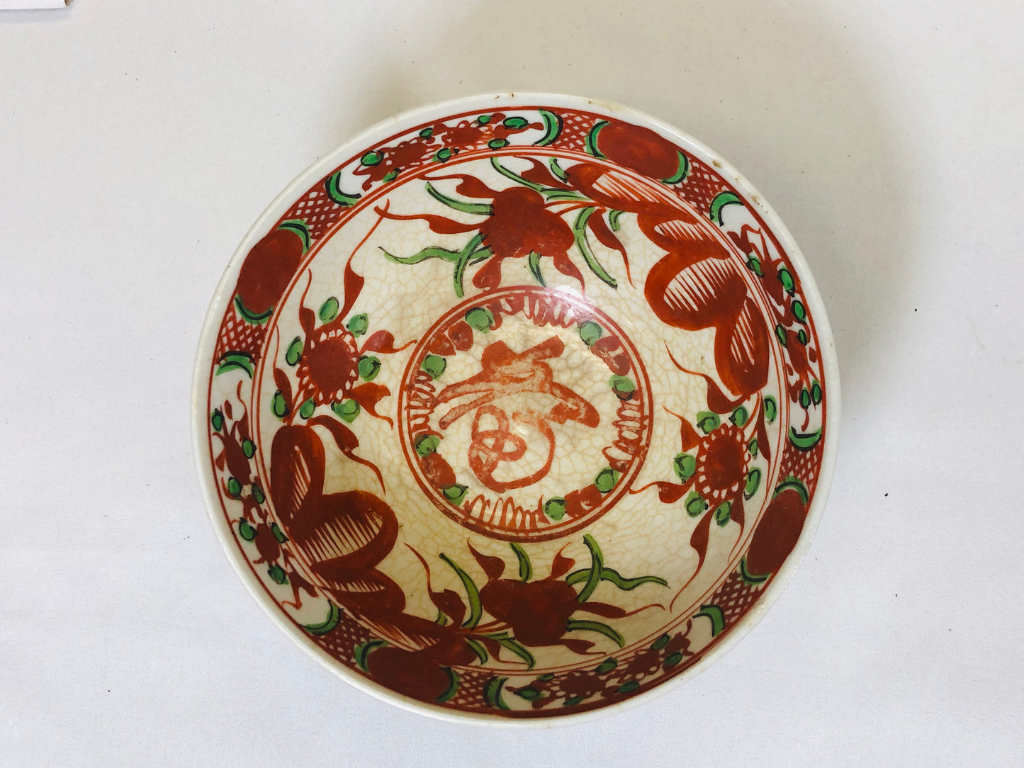 Y5211 CHAWAN Inuyama-ware red picture signed Japan antique tea ceremony pottery