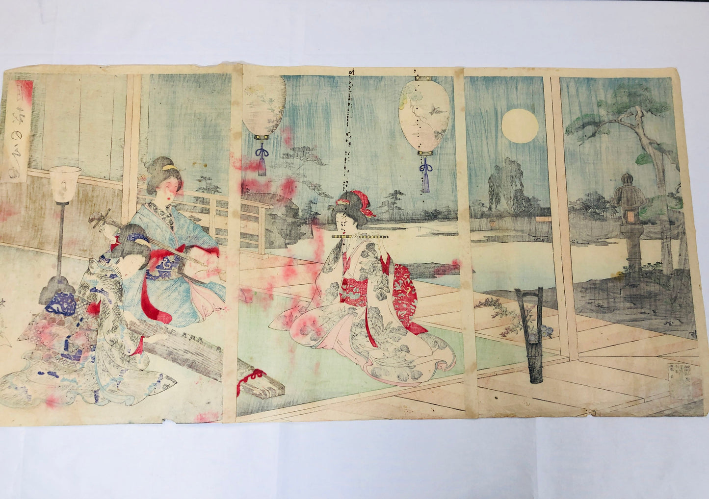 Y5227 WOODBLOCK PRINT Chikanobu triptych Music Autumn Night Japan Ukiyoe art