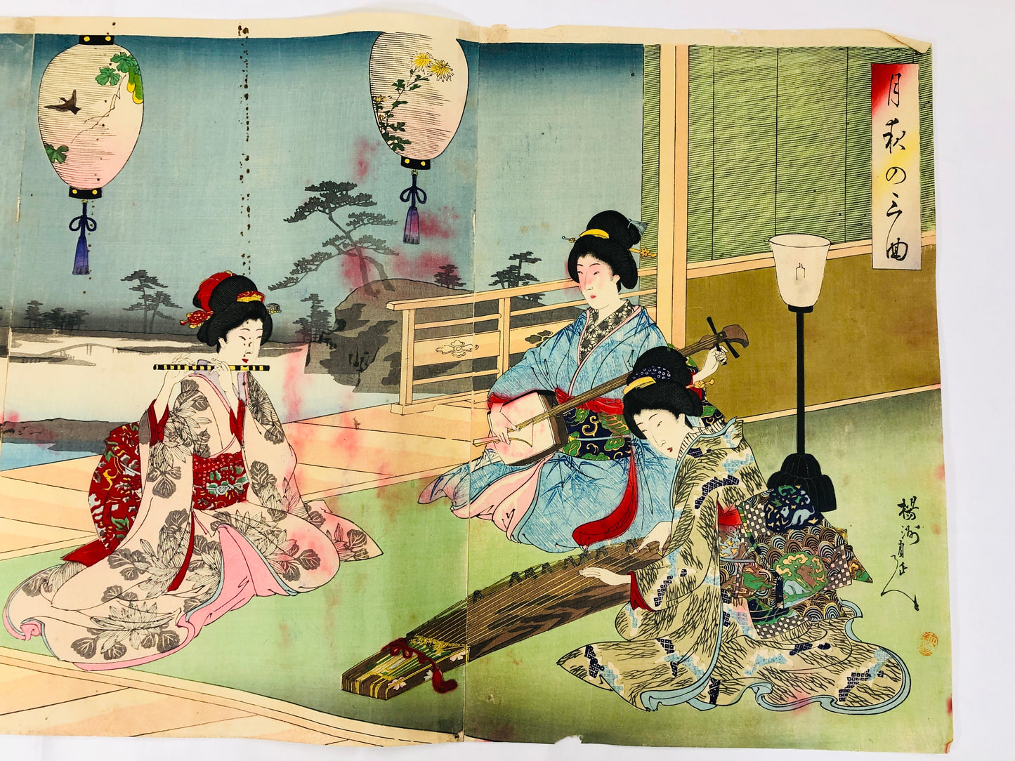 Y5227 WOODBLOCK PRINT Chikanobu triptych Music Autumn Night Japan Ukiyoe art