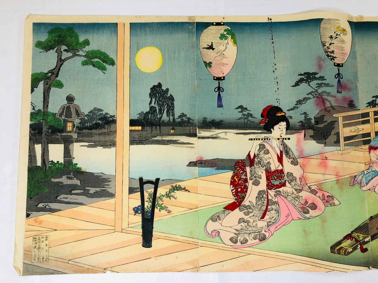 Y5227 WOODBLOCK PRINT Chikanobu triptych Music Autumn Night Japan Ukiyoe art