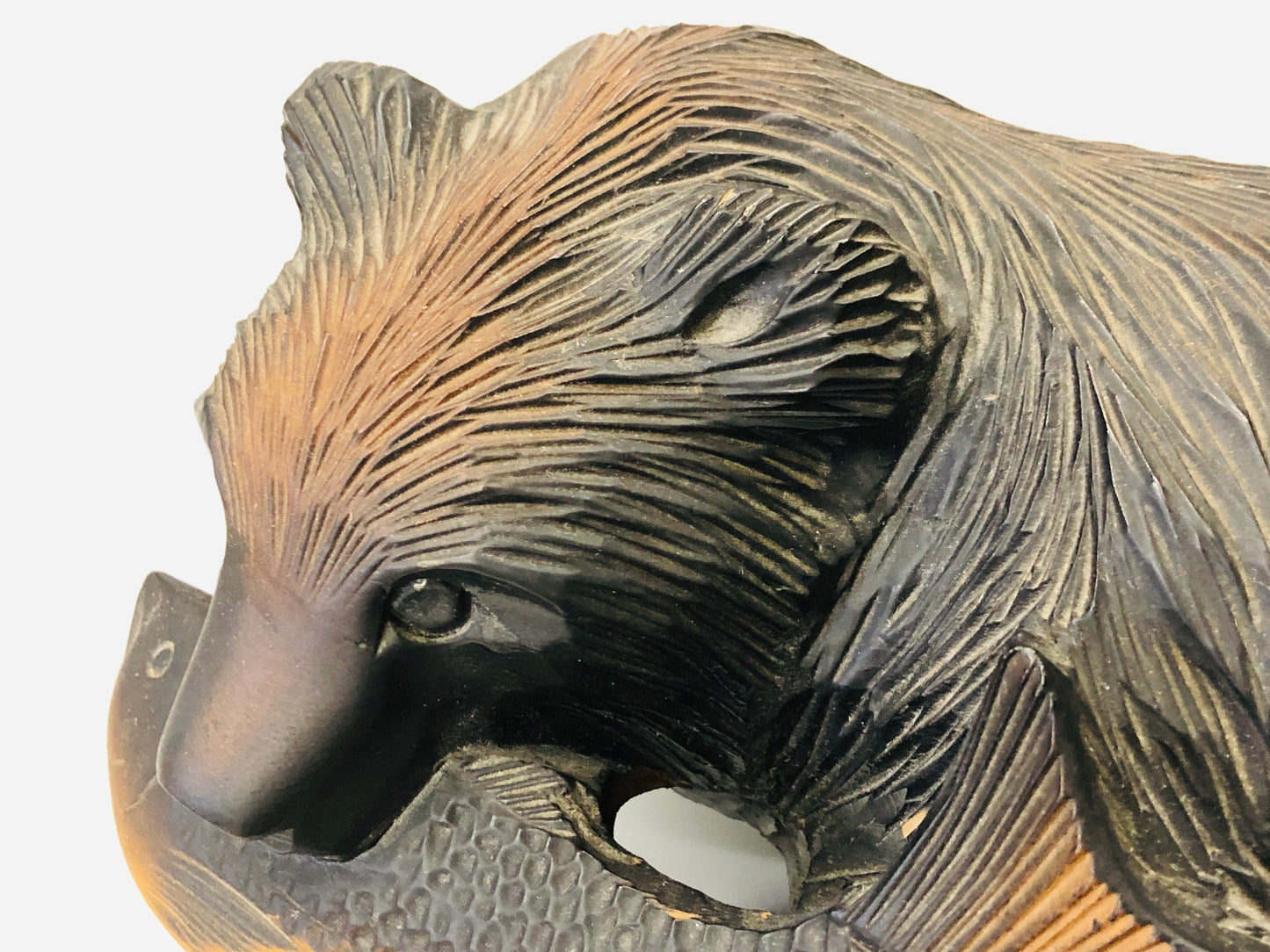 Y5267 OKIMONO wood Bear salmon figure figurine Japan antique interior decor