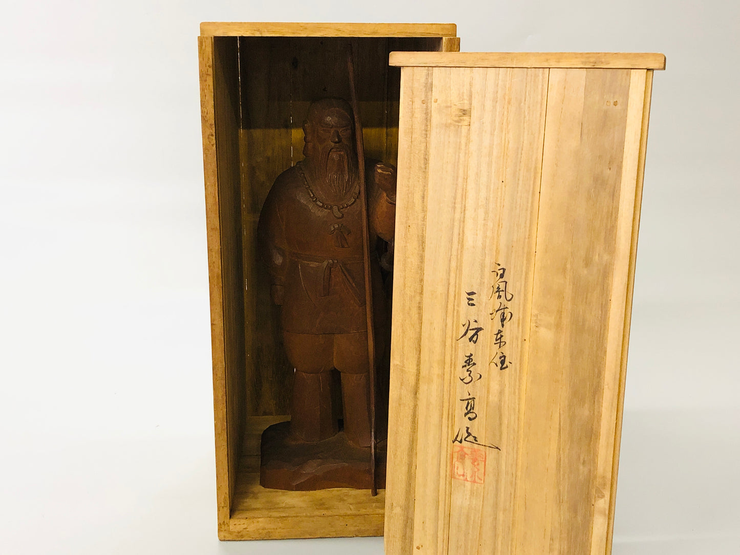 Y5270 STATUE wood carving Emperor Jimmu figure signed box Japan vintage antique