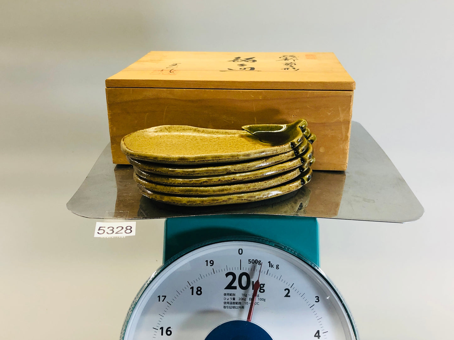 Y5328 DISH Oribe-ware Eggplant serving plate set of 5 signed box Japan antique