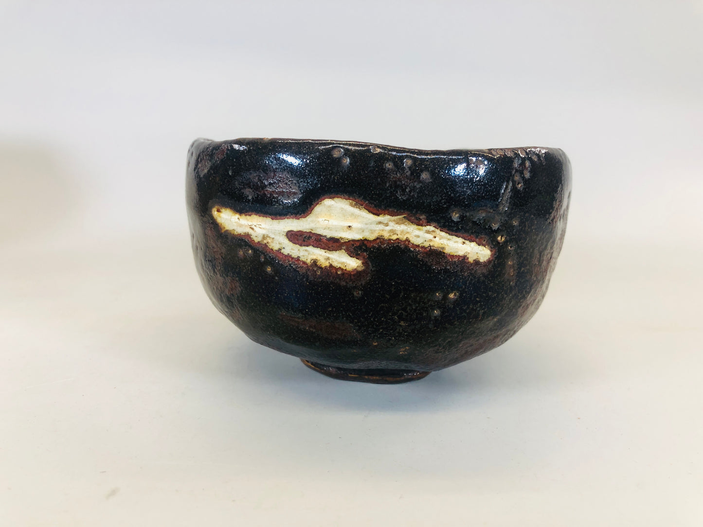 Y5481 CHAWAN Raku-ware black signed box old man Japan antique tea ceremony bowl
