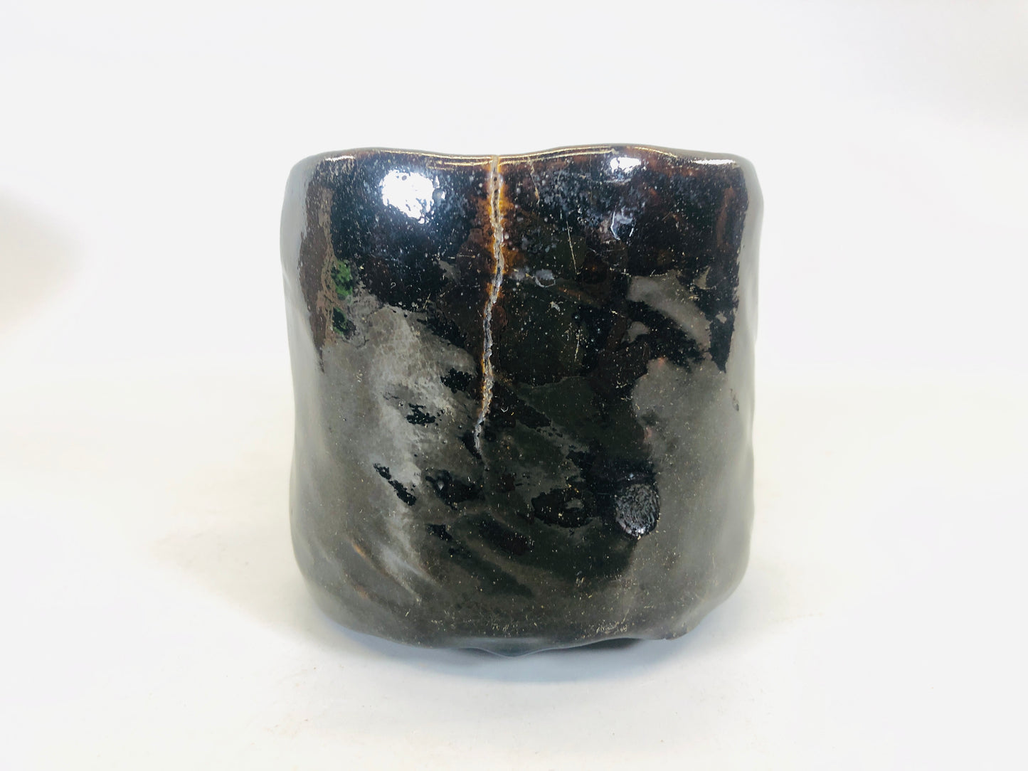 Y5485 CHAWAN Raku-ware black tube signed box Japan antique tea ceremony bowl