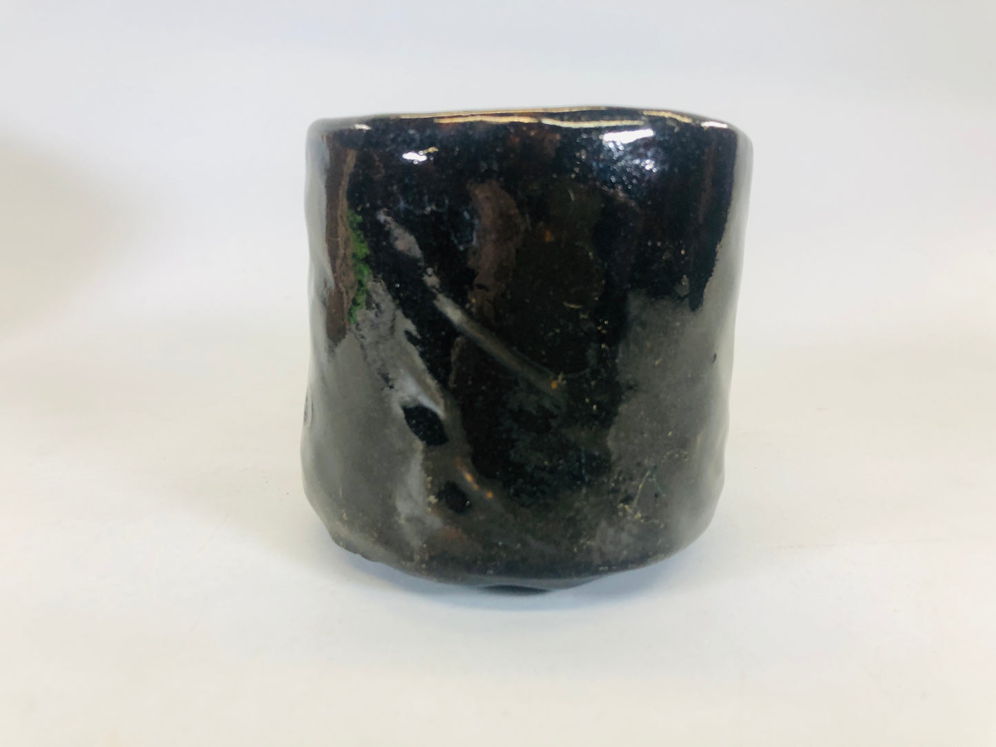 Y5485 CHAWAN Raku-ware black tube signed box Japan antique tea ceremony bowl