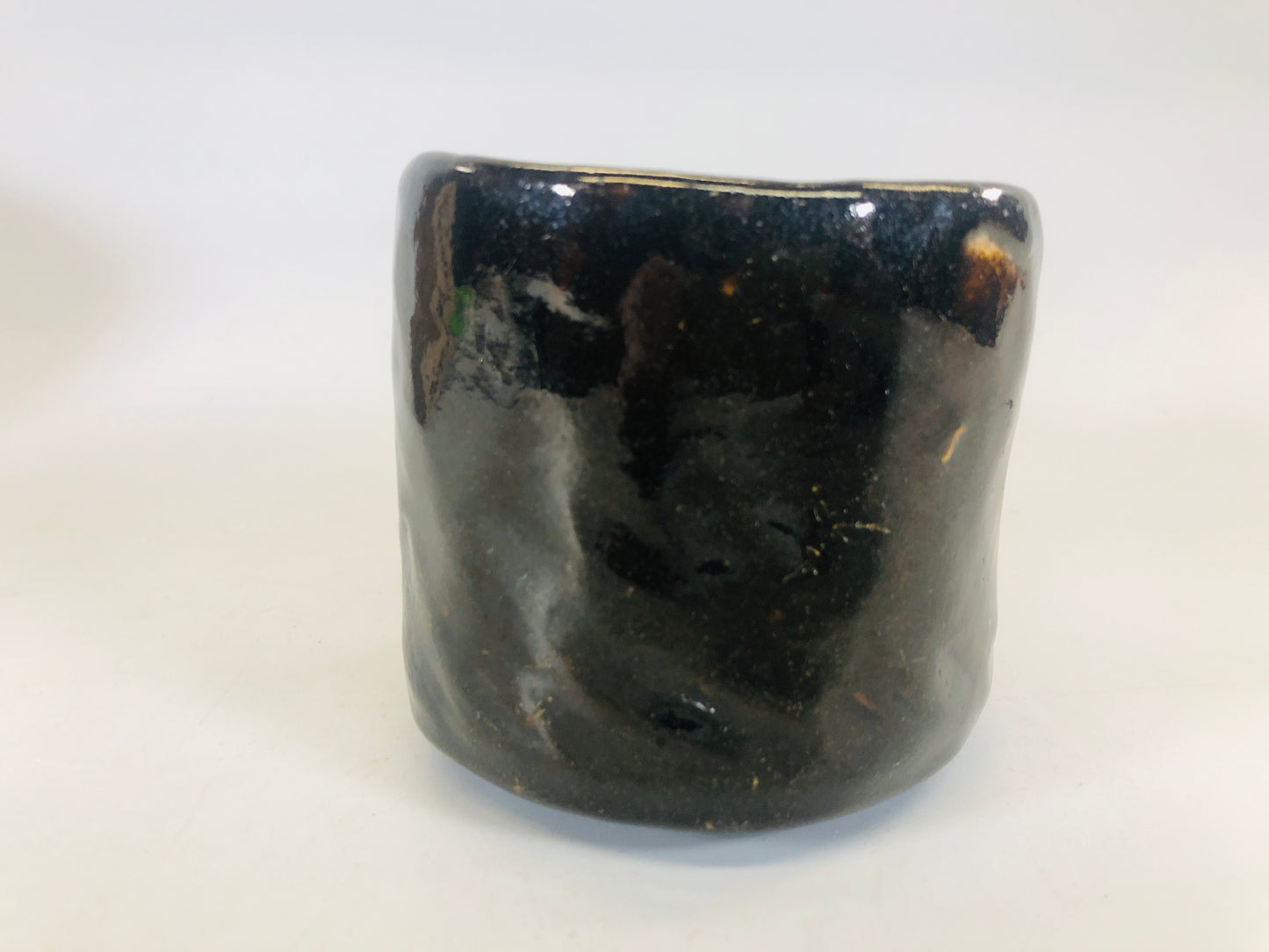 Y5485 CHAWAN Raku-ware black tube signed box Japan antique tea ceremony bowl