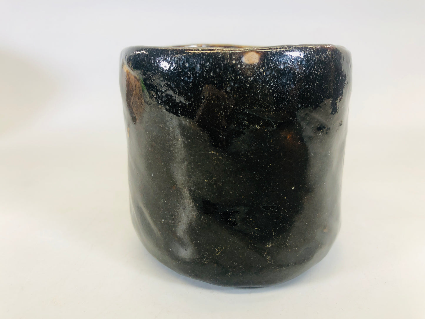 Y5485 CHAWAN Raku-ware black tube signed box Japan antique tea ceremony bowl