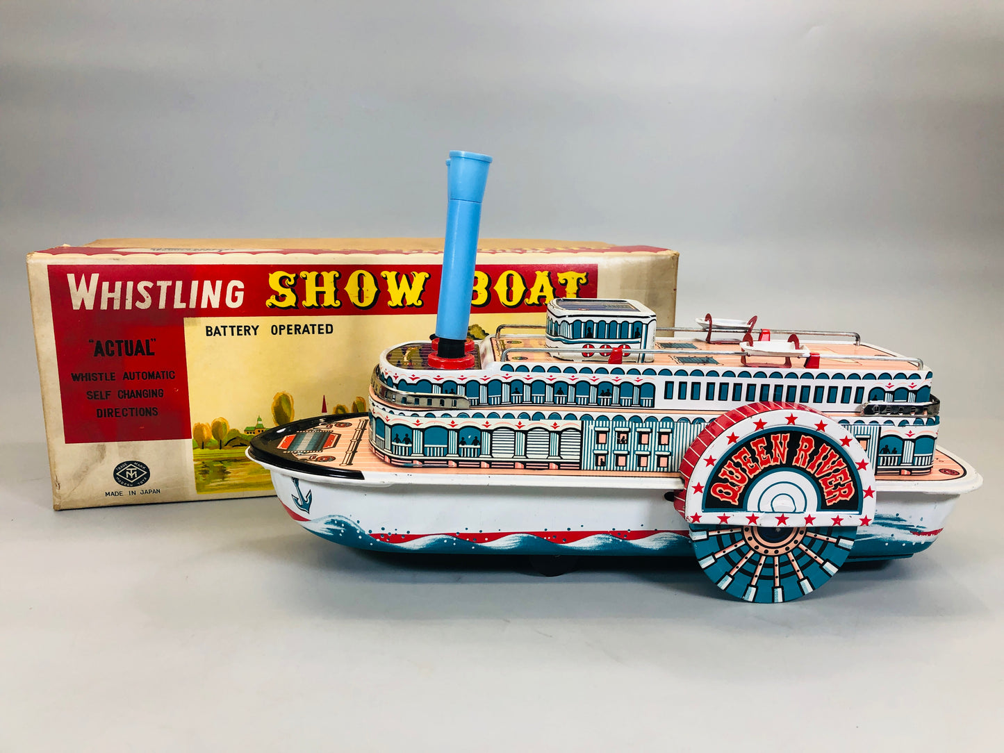 Y5501 TIN TOY Showboat Masudaya box steamboat steamer Japan antique vintage