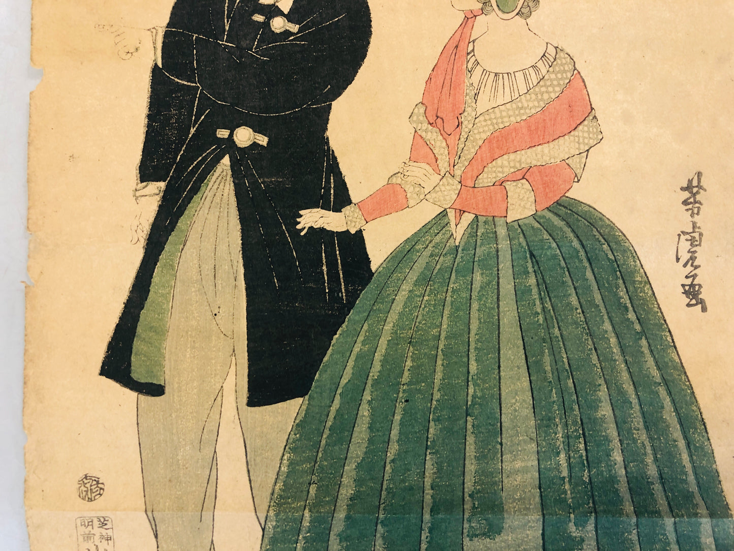 Y5512 WOODBLOCK PRINT Yoshitora American couple Japan Ukiyoe antique vintage art