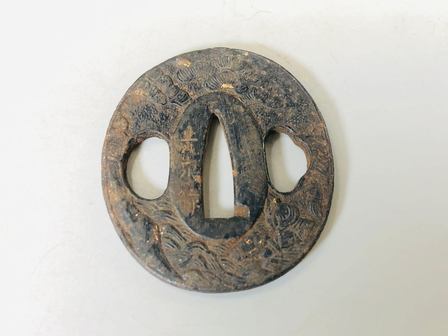 Y5571 TSUBA Iron sword guard signed Inlay Japan samurai katana koshirae edo