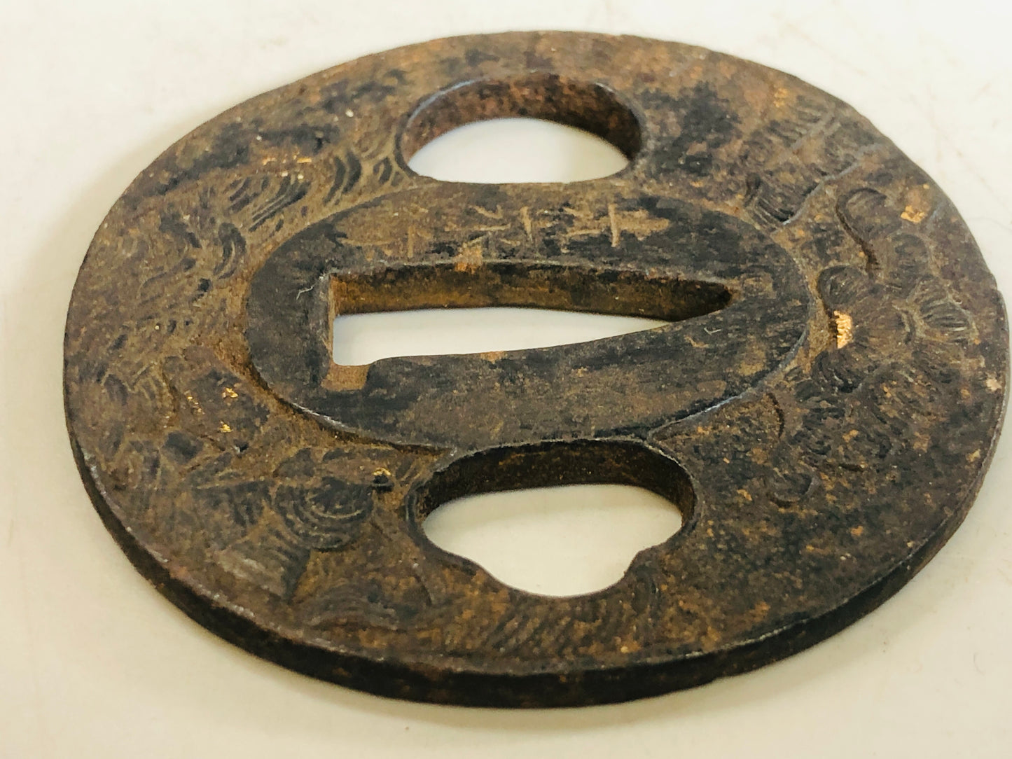 Y5571 TSUBA Iron sword guard signed Inlay Japan samurai katana koshirae edo