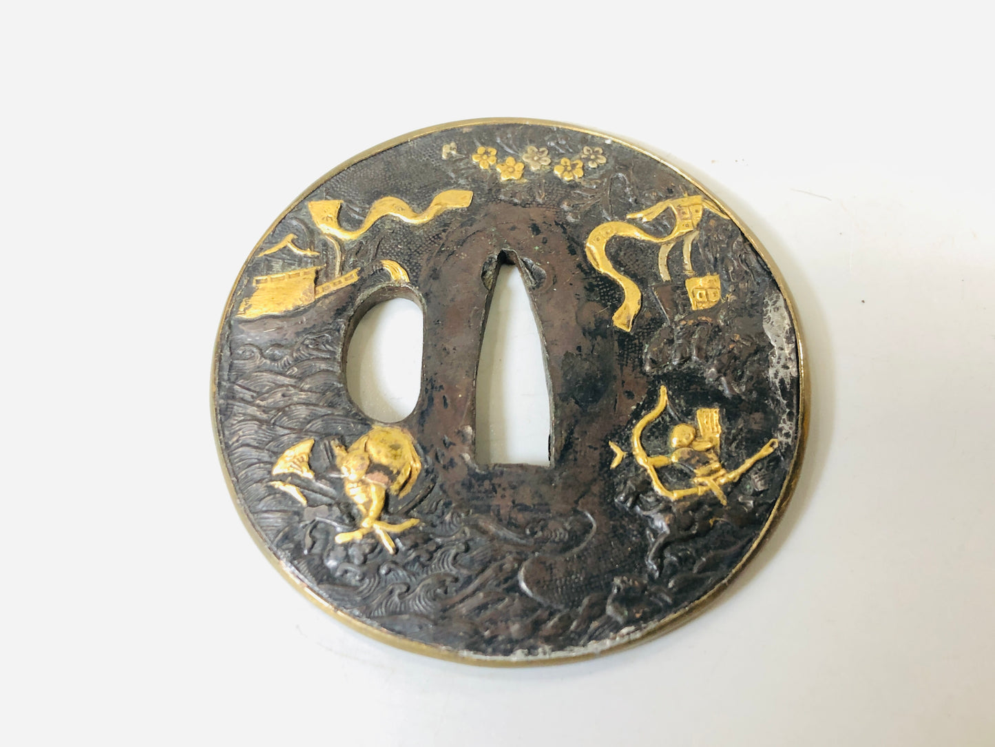 Y5573 TSUBA sword guard Inlay bow ship Japan samurai katana koshirae edo antique