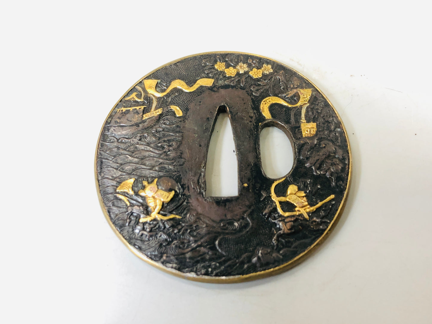 Y5573 TSUBA sword guard Inlay bow ship Japan samurai katana koshirae edo antique