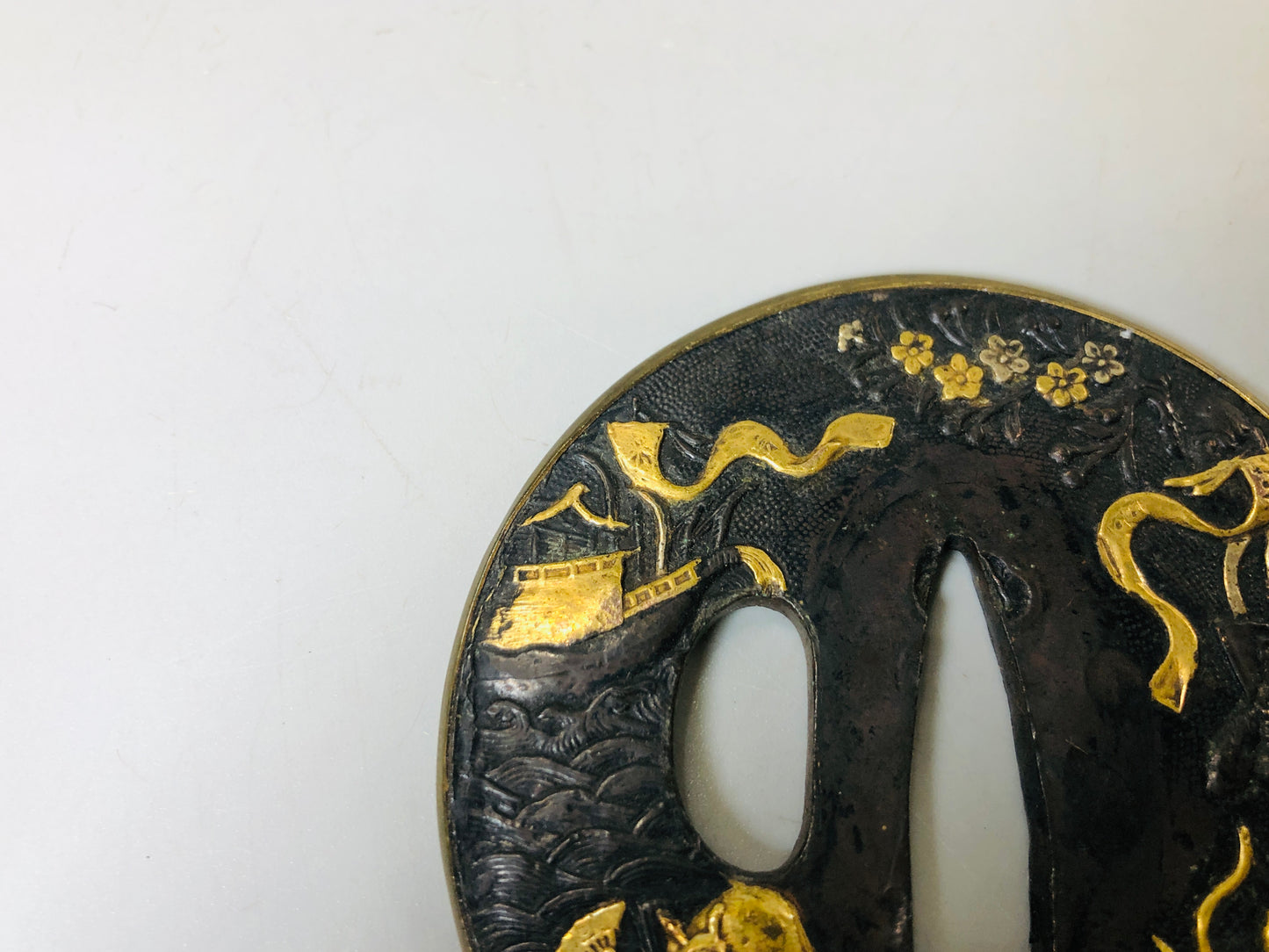 Y5573 TSUBA sword guard Inlay bow ship Japan samurai katana koshirae edo antique