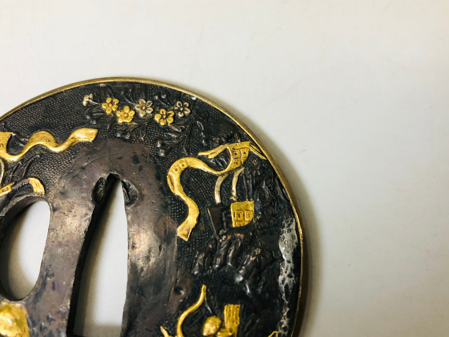 Y5573 TSUBA sword guard Inlay bow ship Japan samurai katana koshirae edo antique
