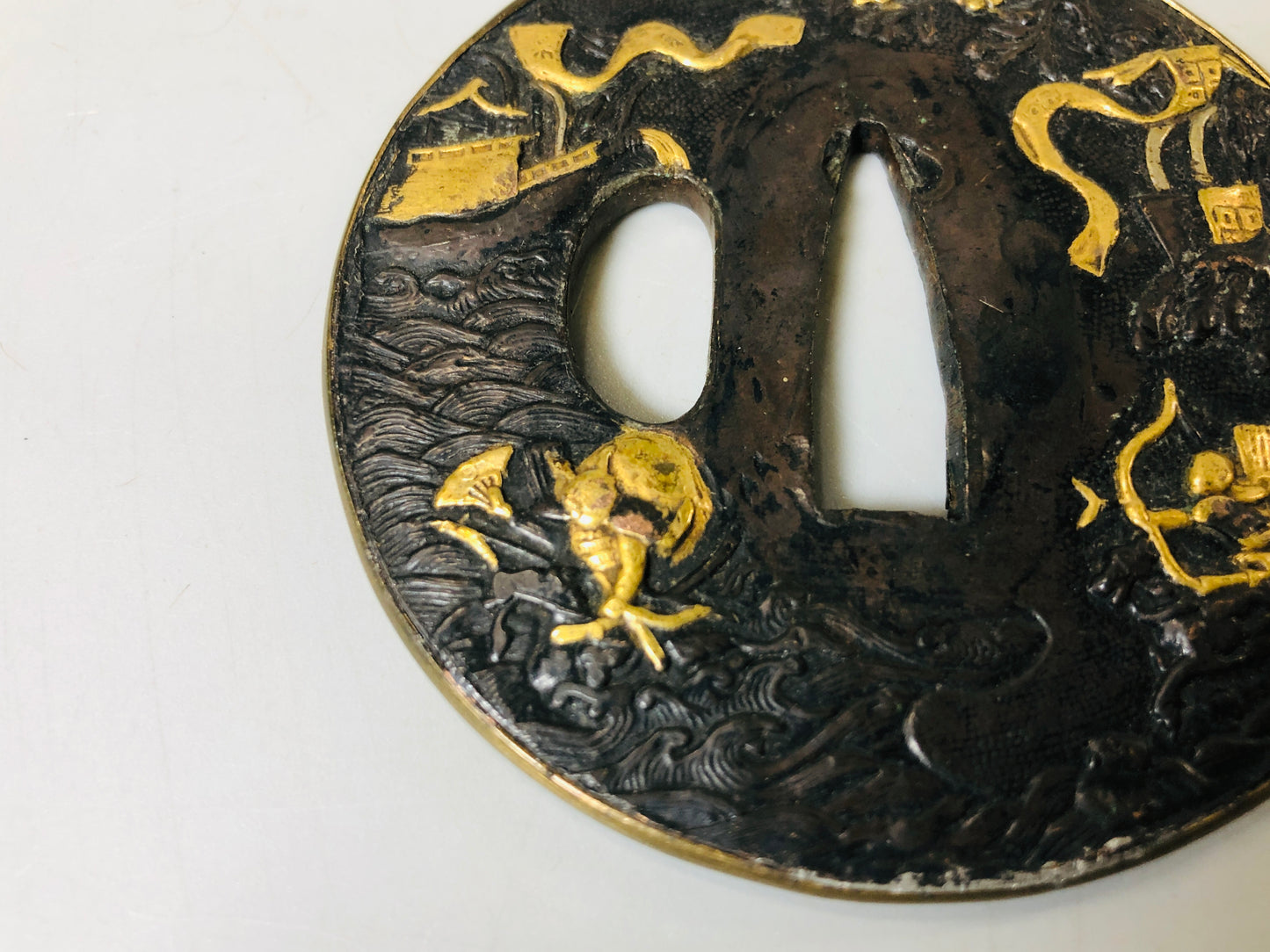 Y5573 TSUBA sword guard Inlay bow ship Japan samurai katana koshirae edo antique