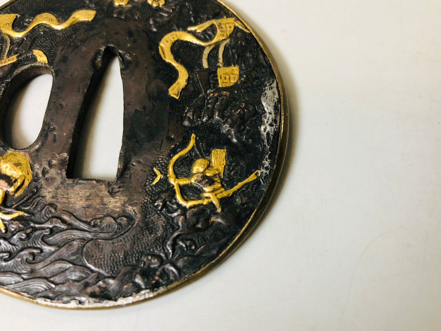 Y5573 TSUBA sword guard Inlay bow ship Japan samurai katana koshirae edo antique