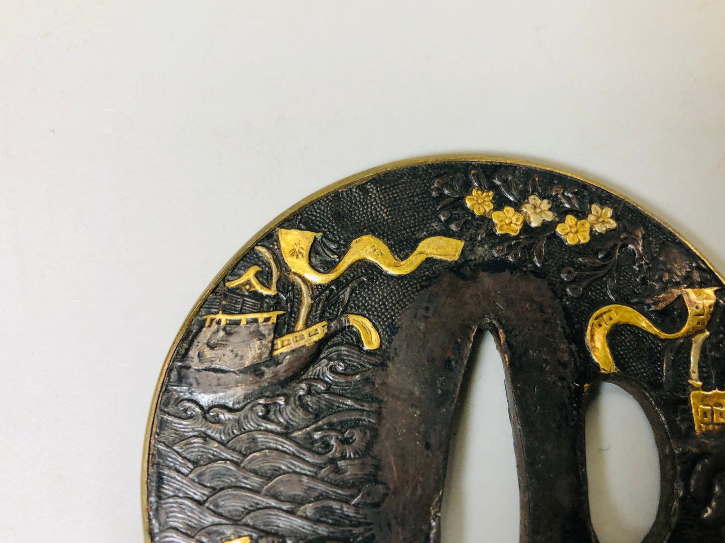 Y5573 TSUBA sword guard Inlay bow ship Japan samurai katana koshirae edo antique