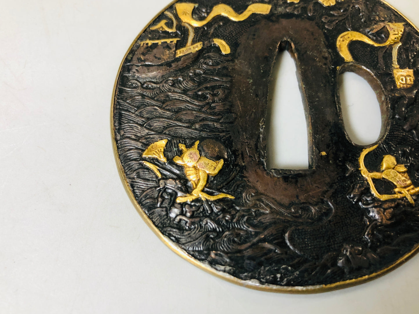 Y5573 TSUBA sword guard Inlay bow ship Japan samurai katana koshirae edo antique