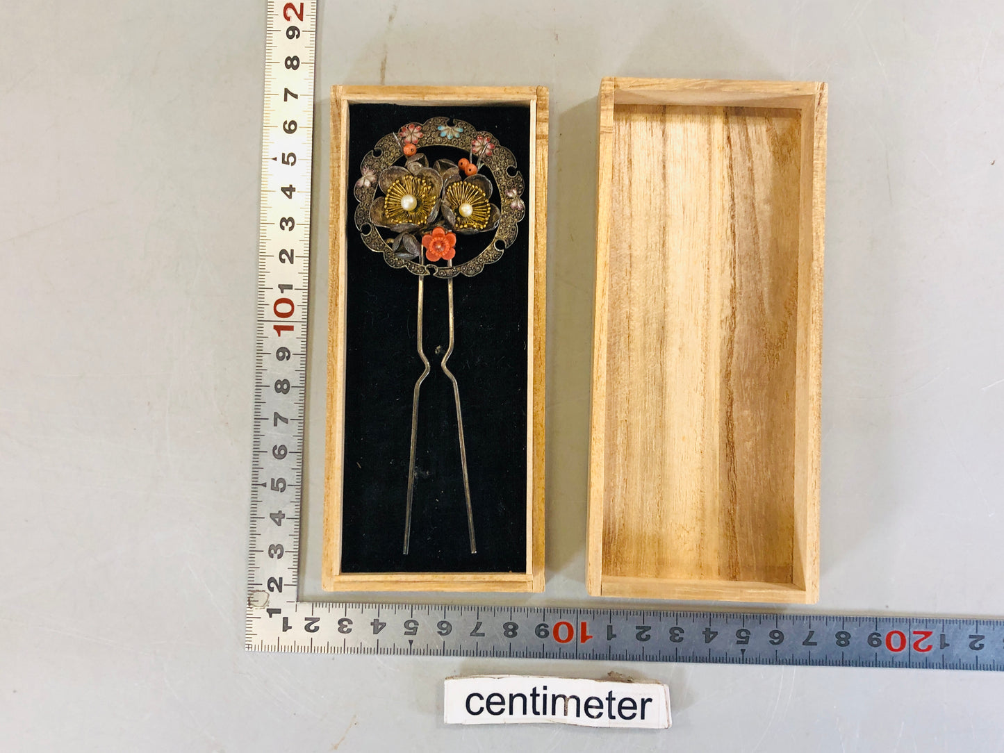 Y5727 KANZASHI Coral Cloisonne Silverwork Hair Stick pin Japan kimono antique