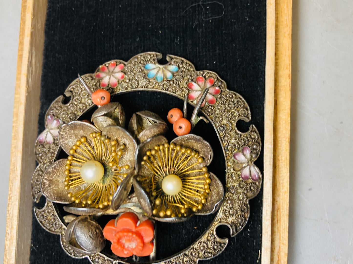 Y5727 KANZASHI Coral Cloisonne Silverwork Hair Stick pin Japan kimono antique