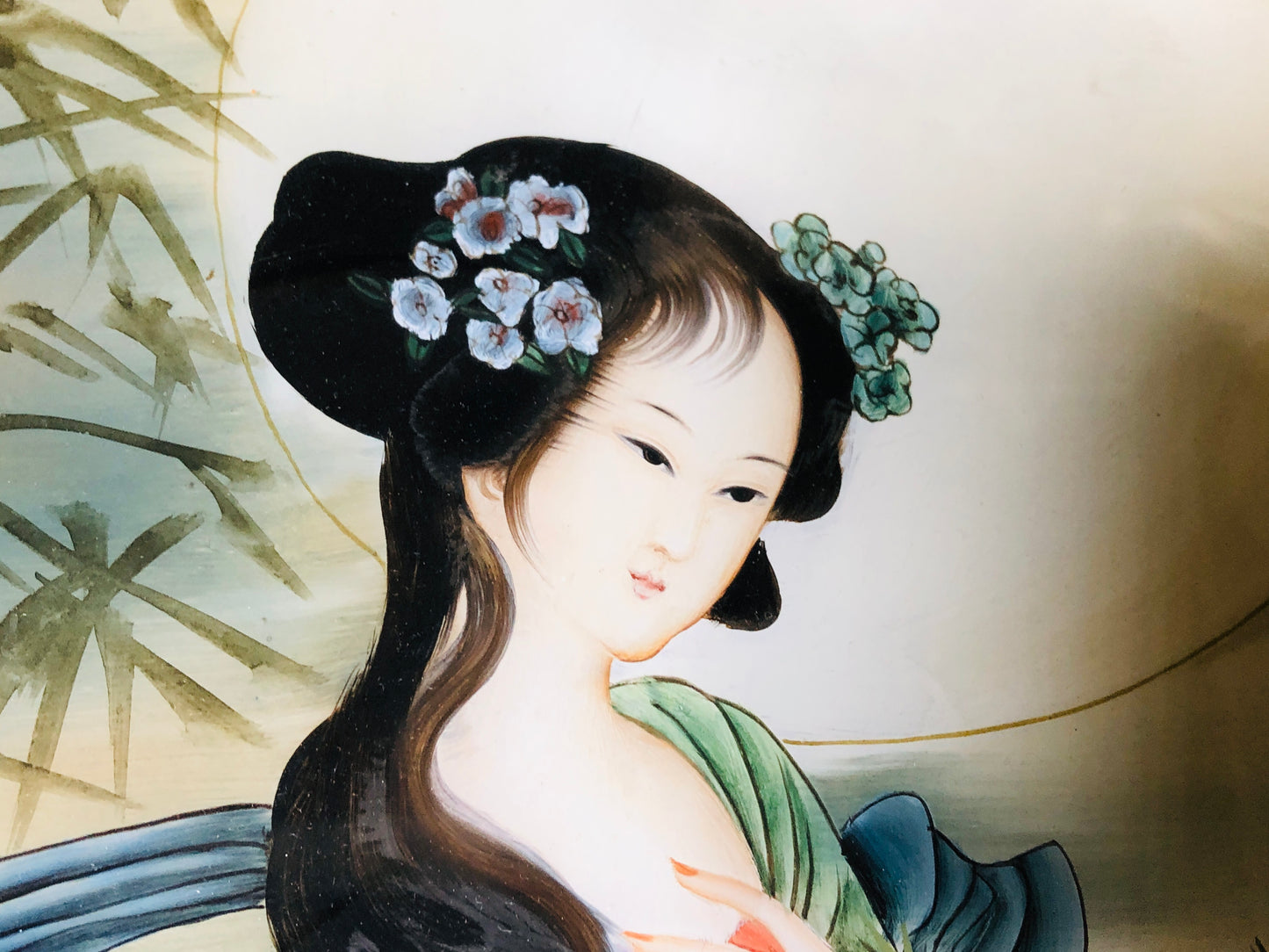 Y5855 OKIMONO Glass painting beauty tiger moon bamboo framed Japan antique decor