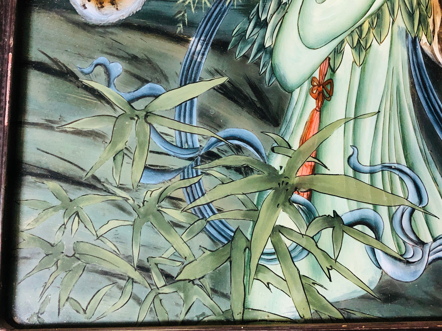 Y5855 OKIMONO Glass painting beauty tiger moon bamboo framed Japan antique decor
