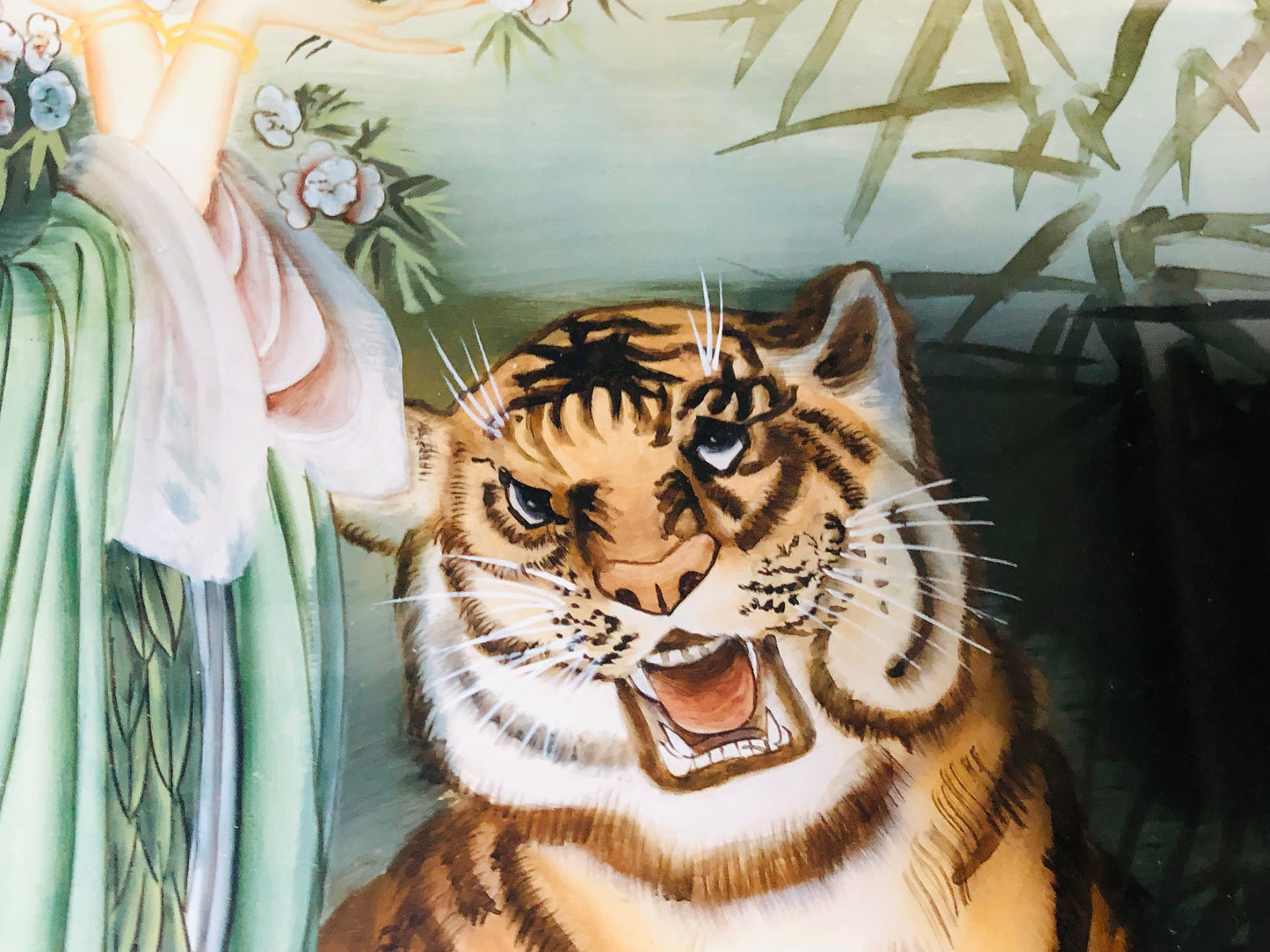 Y5855 OKIMONO Glass painting beauty tiger moon bamboo framed Japan antique decor