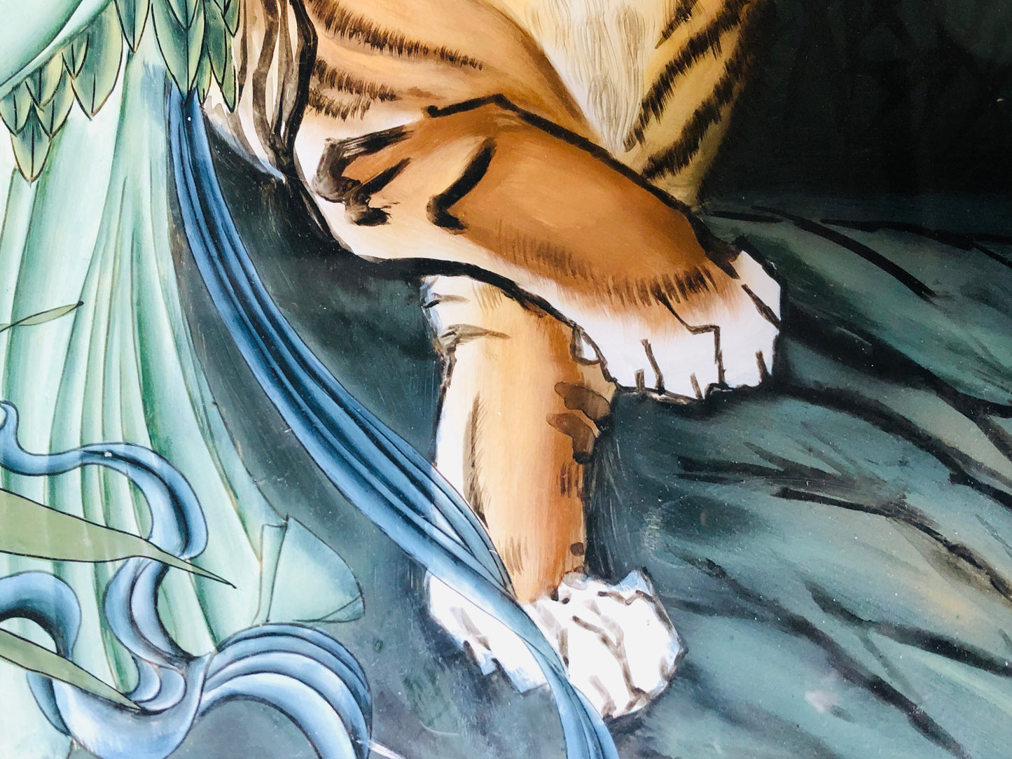 Y5855 OKIMONO Glass painting beauty tiger moon bamboo framed Japan antique decor