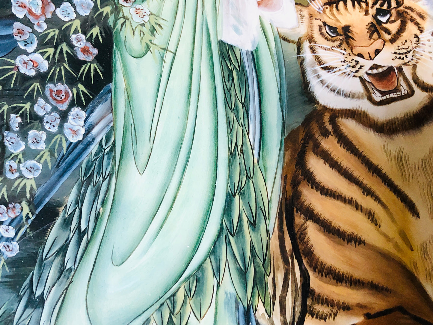 Y5855 OKIMONO Glass painting beauty tiger moon bamboo framed Japan antique decor
