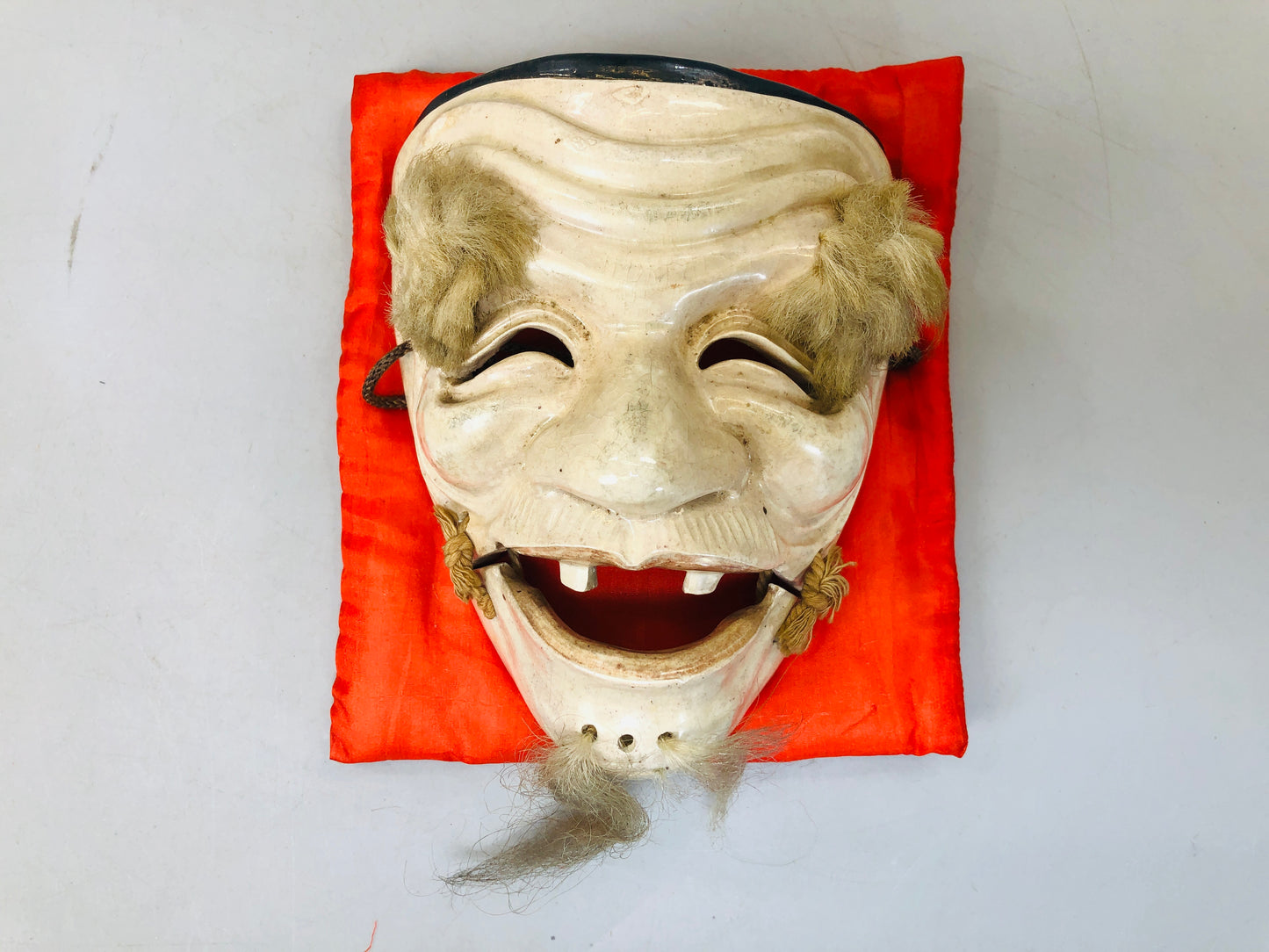Y5883 NOH MASK ceramic old man signed box Japan antique omen dance drama vintage