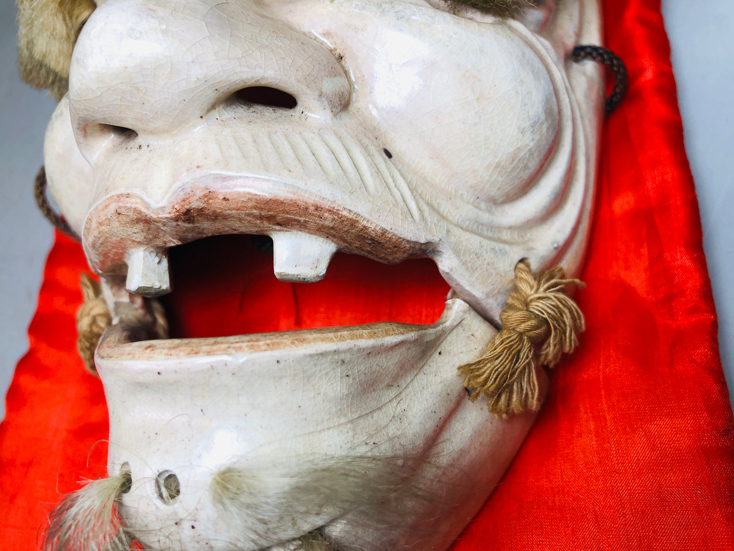Y5883 NOH MASK ceramic old man signed box Japan antique omen dance drama vintage