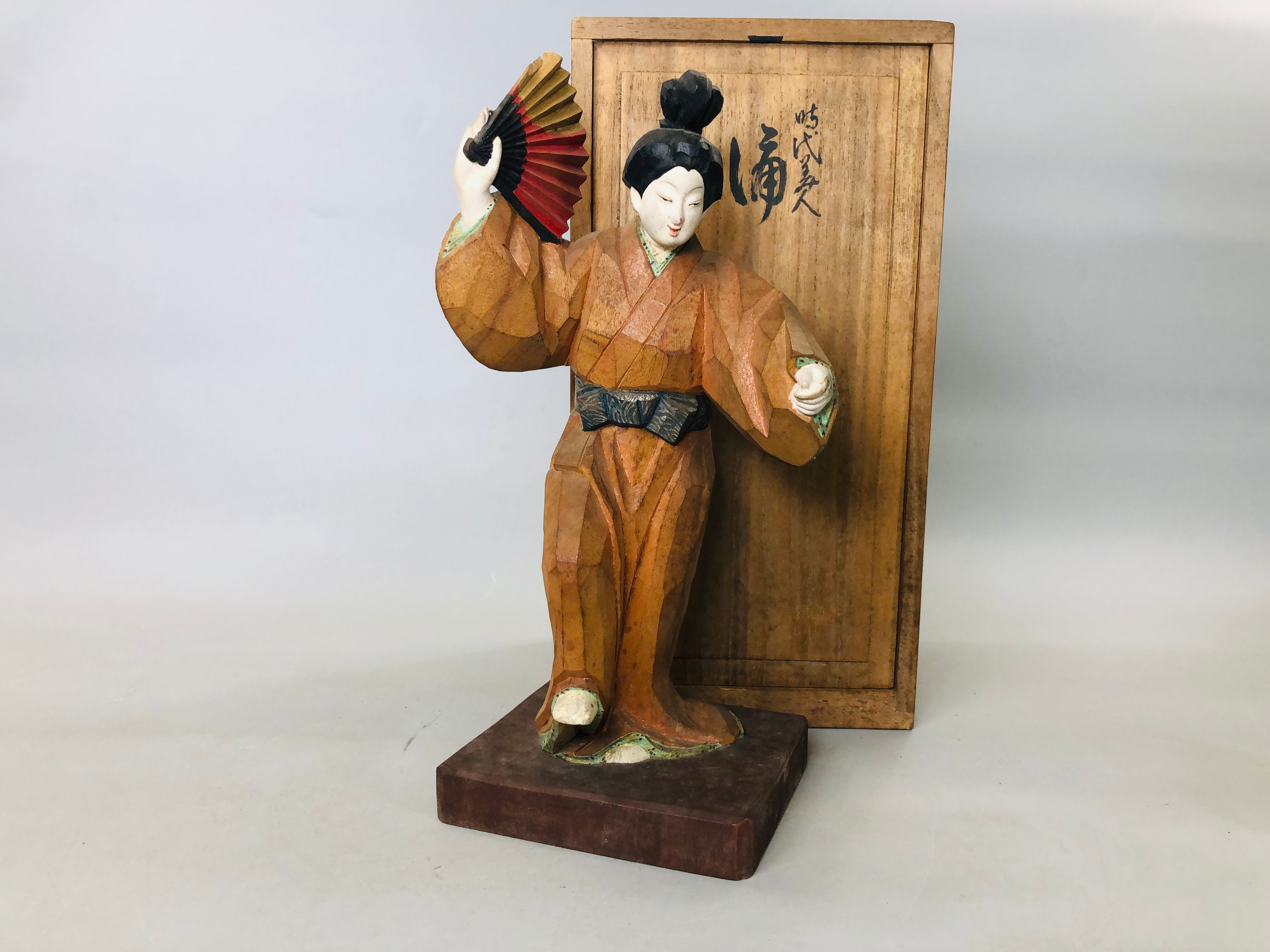 Y5885 STATUE wood carving colored dancing figure signed box Japan antique  decor