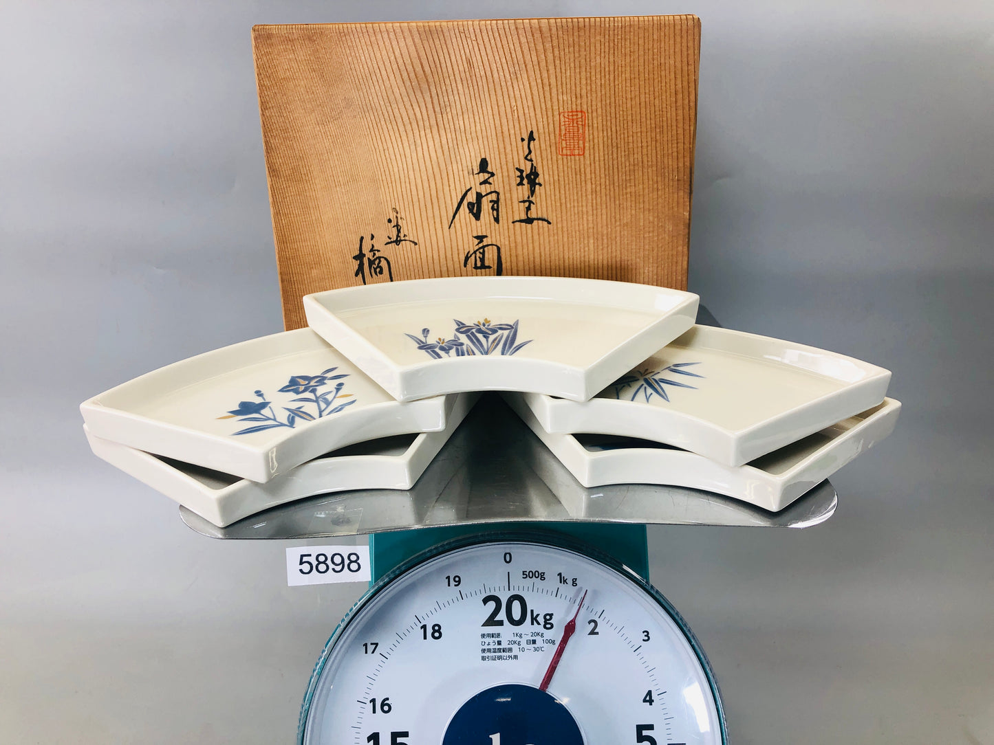 Y5898 DISH Tachikichi Fan plate set of 5 signed box Japan antique tableware