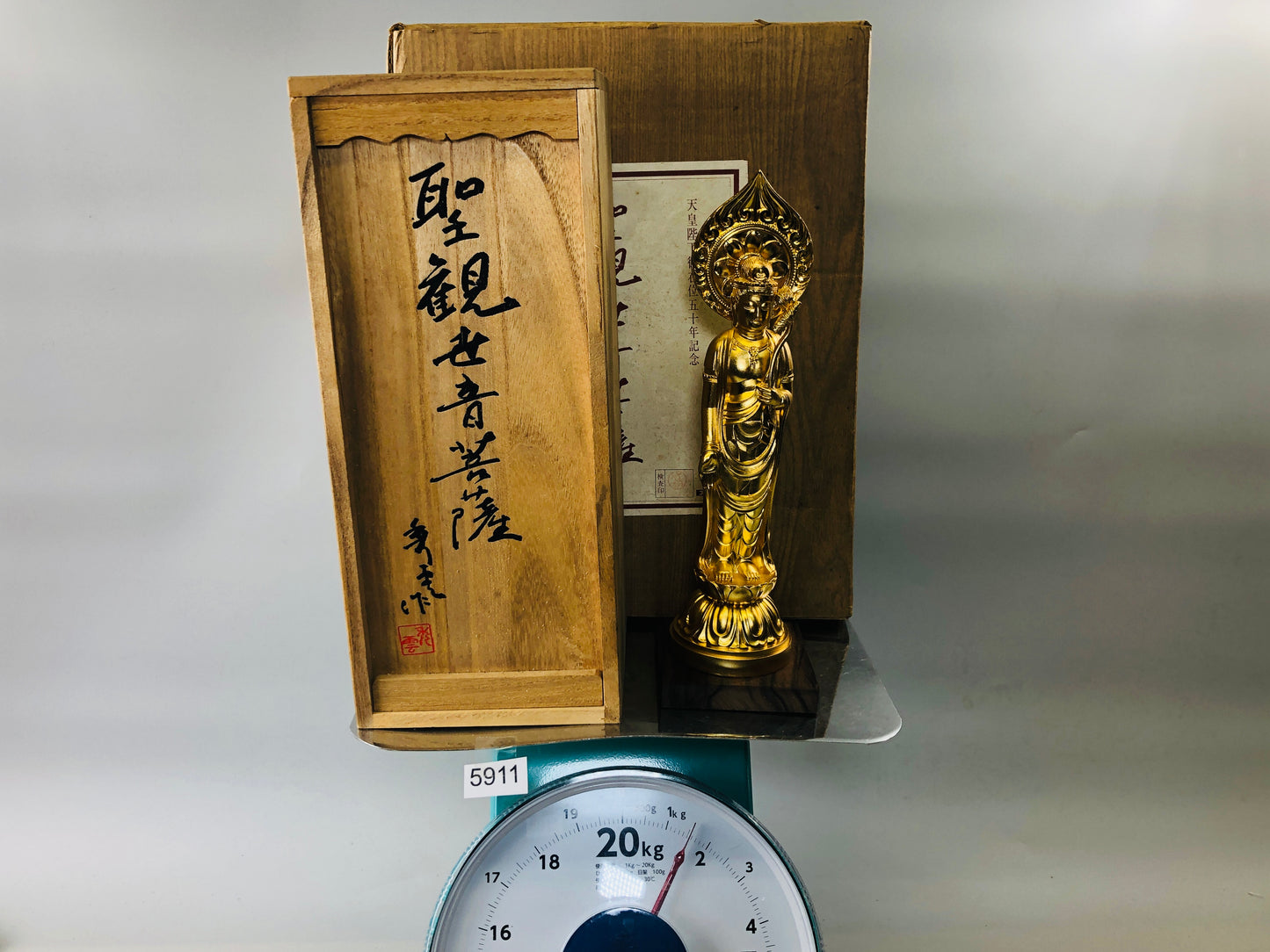 Y5911 STATUE metal Holy Kannon Bodhisattva figurine signed box Japan antique