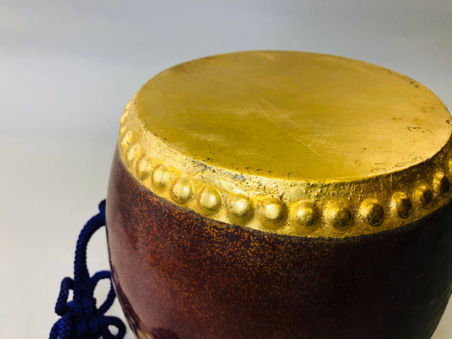 Y5915 OKIMONO Drum figure gold coating wooden stand Japan antique interior decor