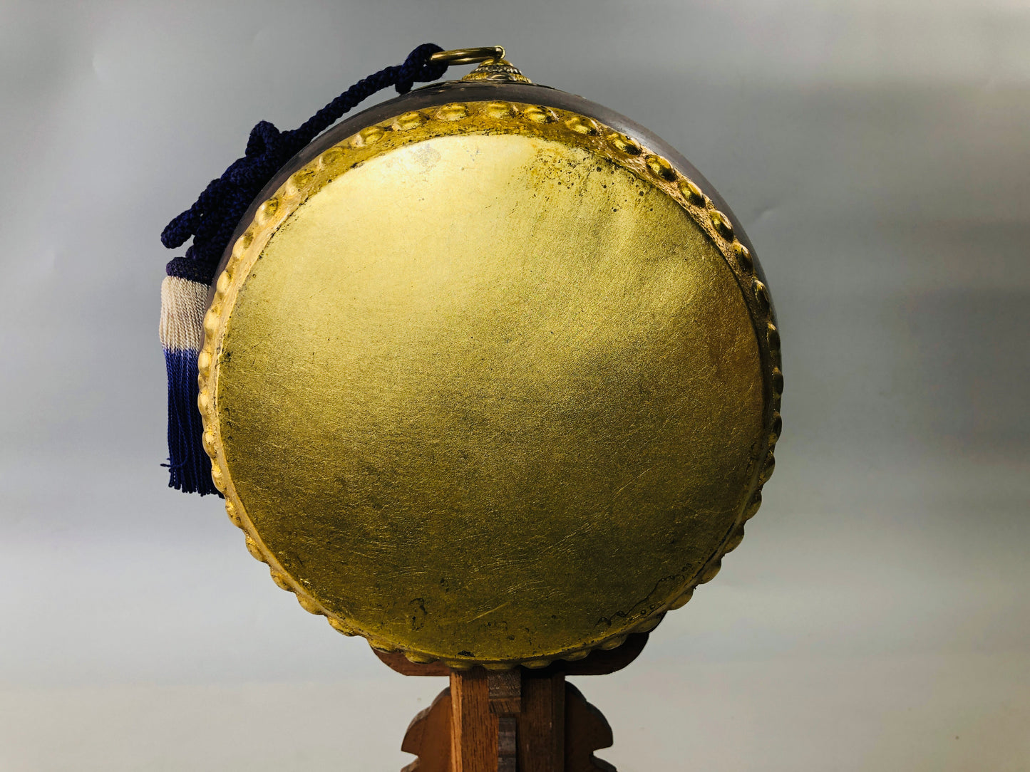 Y5915 OKIMONO Drum figure gold coating wooden stand Japan antique interior decor