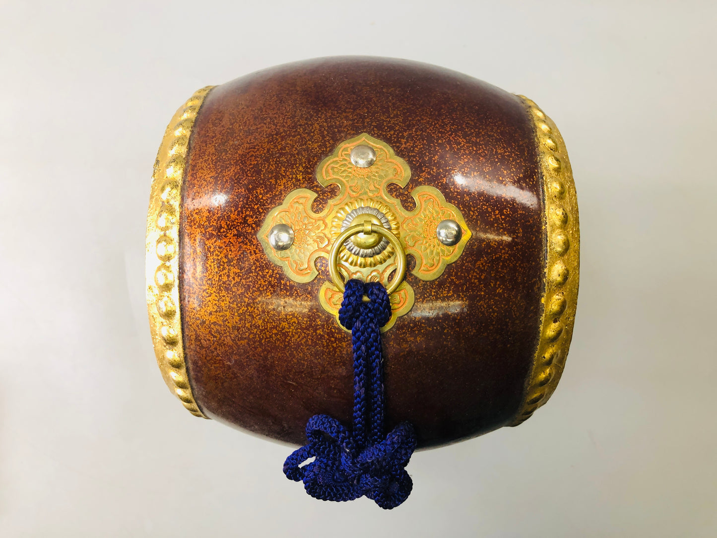 Y5915 OKIMONO Drum figure gold coating wooden stand Japan antique interior decor