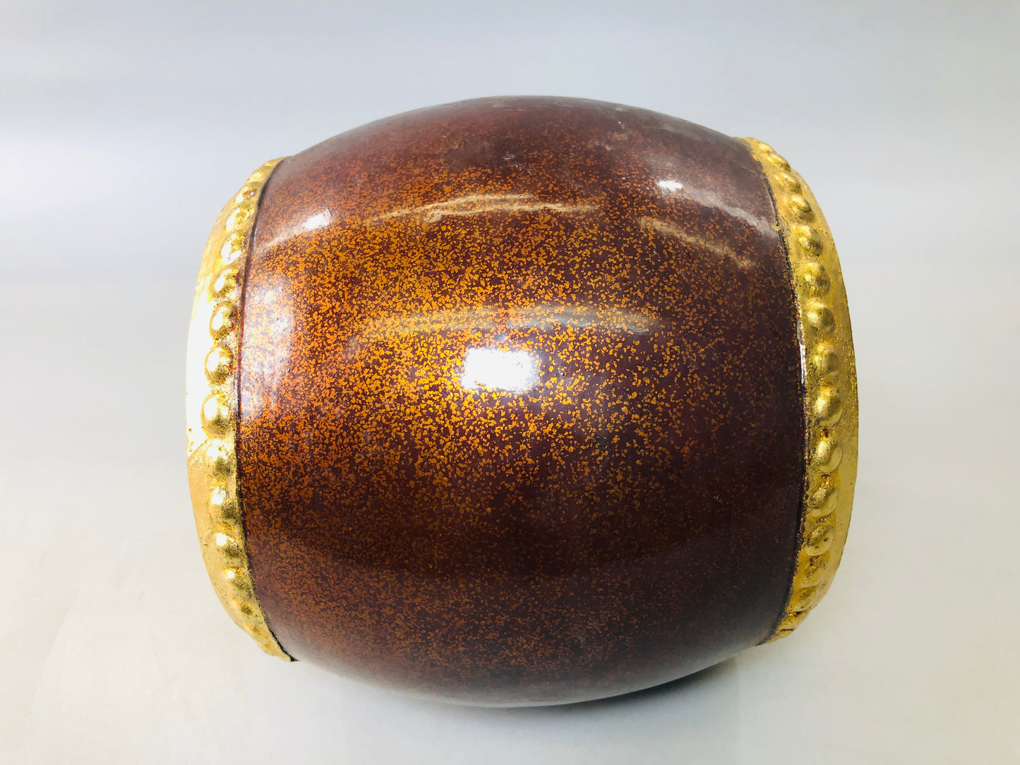 Y5915 OKIMONO Drum figure gold coating wooden stand Japan antique interior decor