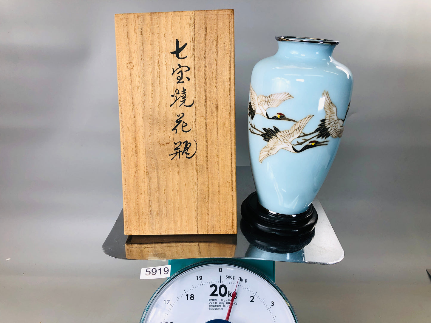 Y5919 FLOWER VASE Cloisonne Crane base signed box Japan ikebana antique interior