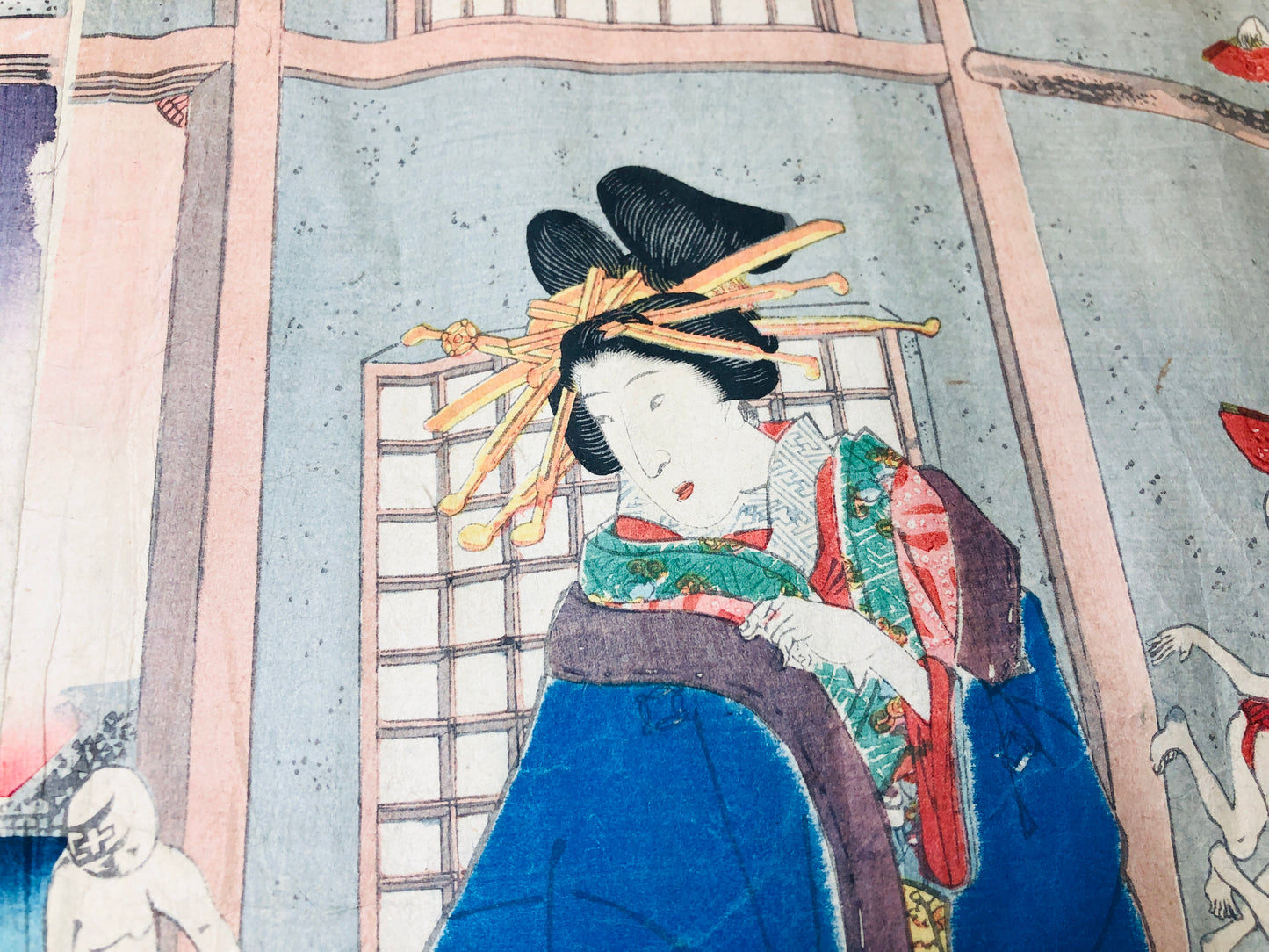 Y5948 WOODBLOCK PRINT Yoshiiku triptych good bad guys Japan Ukiyoe antique art