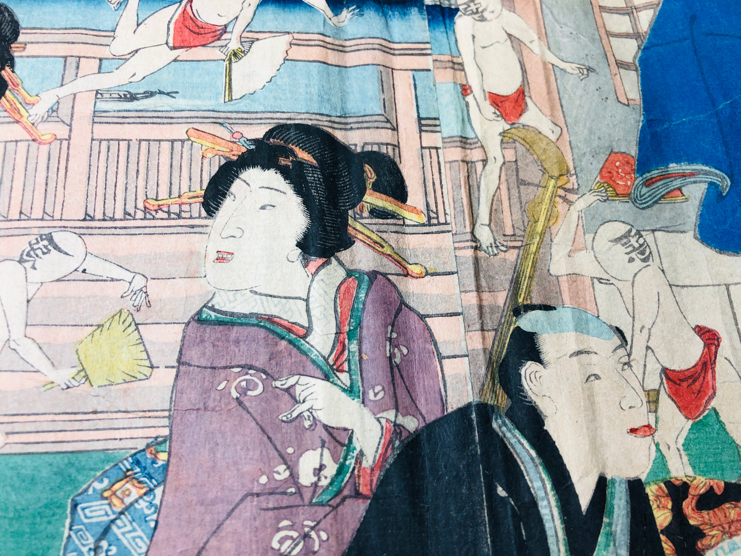 Y5948 WOODBLOCK PRINT Yoshiiku triptych good bad guys Japan Ukiyoe antique art