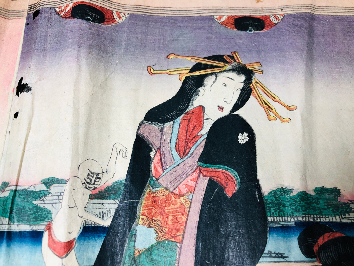 Y5948 WOODBLOCK PRINT Yoshiiku triptych good bad guys Japan Ukiyoe antique art