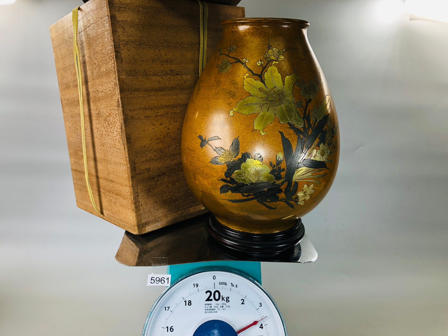 Y5961 FLOWER VASE Copper inlay signed box Japan ikebana antique interior decor