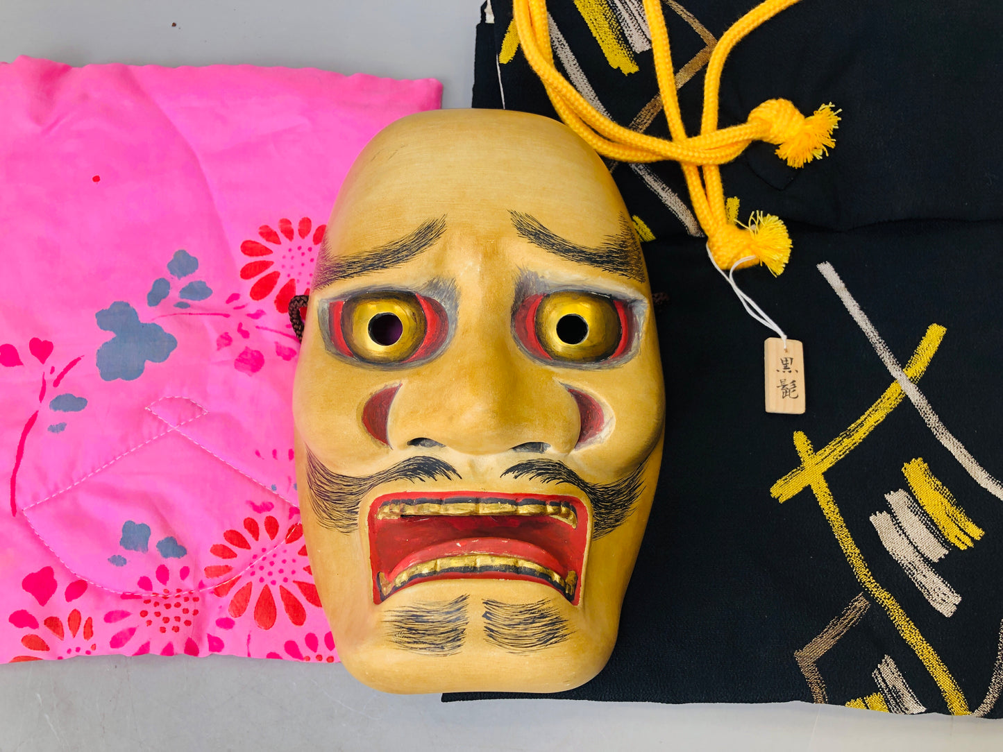Y5976 NOH MASK wood carving signed black mustache Japan antique omen dance drama