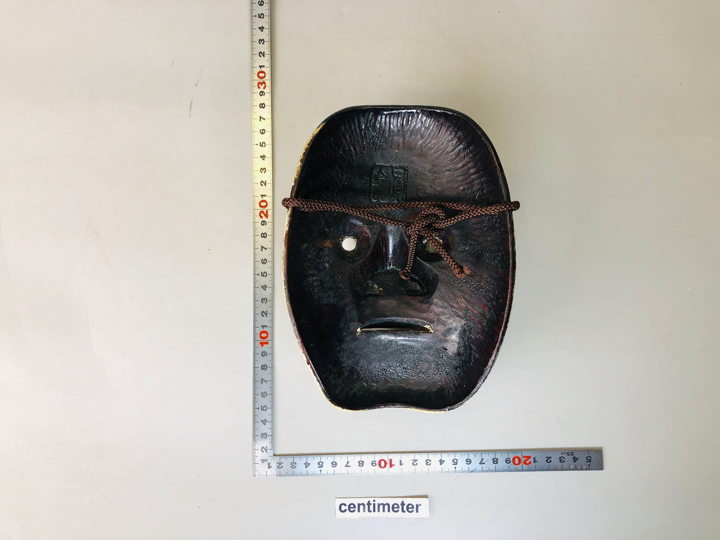 Y5976 NOH MASK wood carving signed black mustache Japan antique omen dance drama
