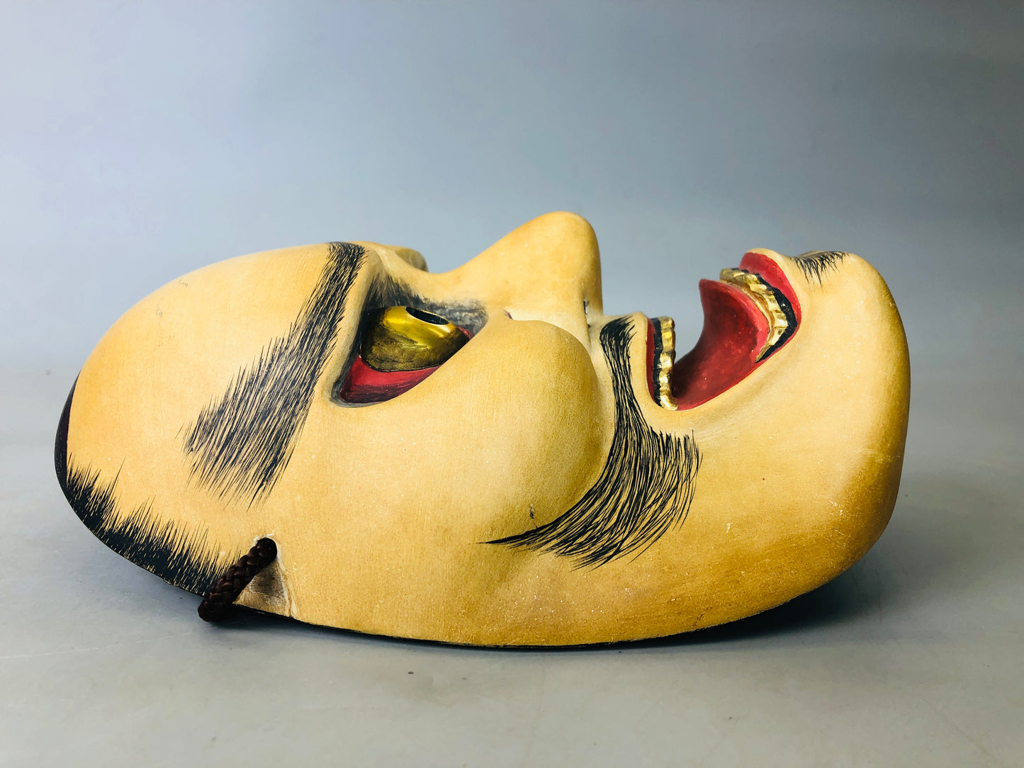 Y5976 NOH MASK wood carving signed black mustache Japan antique omen dance drama